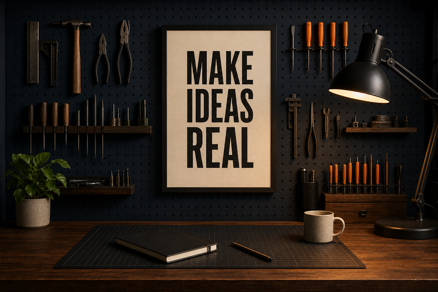 A warm CPW Studio Co maker desk with tools and a Make Ideas Real poster